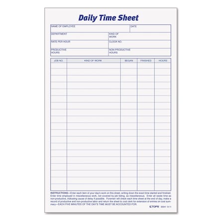 Tops Daily Time and Job Sheets, 8.5x5.5, PK200 30041